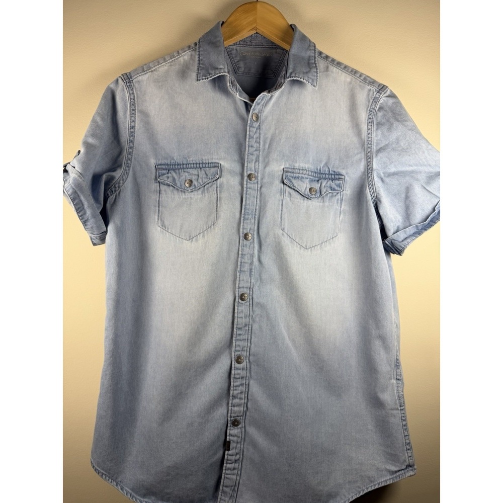 Calvin Klein Jeans Unisex Chambray Cotton Shirt with Roll Sleeves Size Small